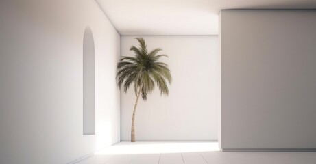 An empty room surrounded by a palm tree and white drywall, Illustration AI Generative.