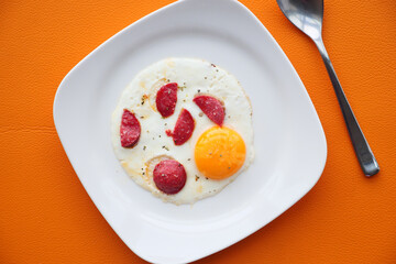 fried egg mixed with sausage on a plate 