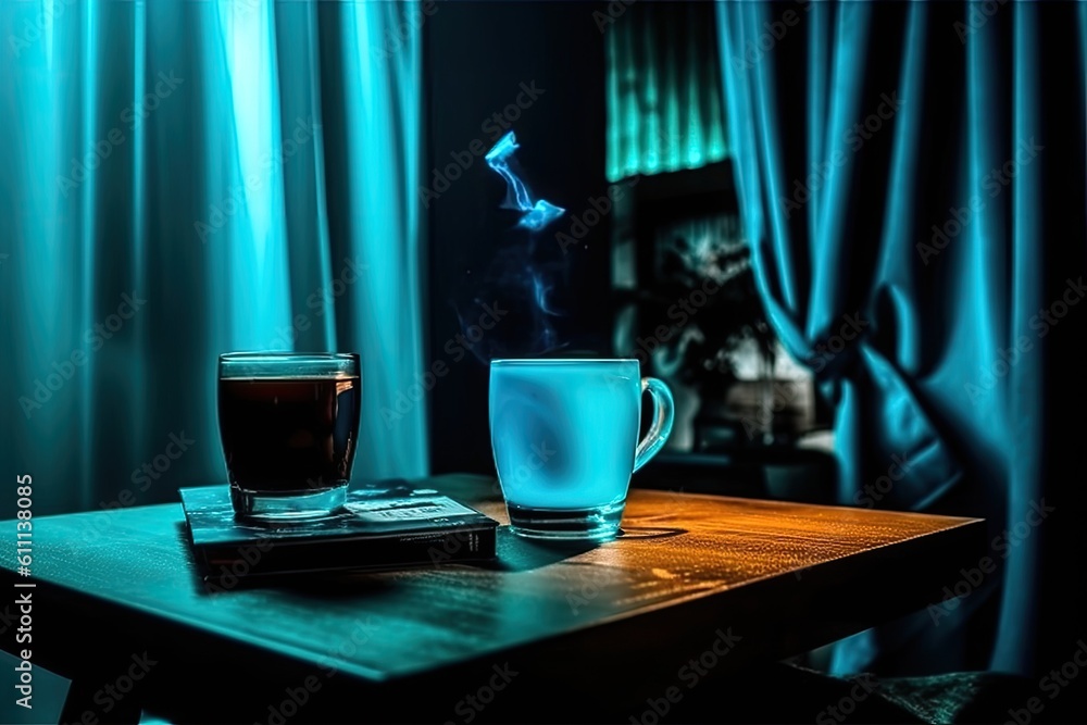 Poster view from the side with a portable tablet in use, decorations on a wooden table in low light, and a 