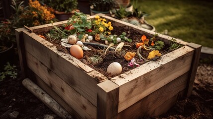 Organic soil  for compost in wooden box in garden, recycling natural garbage. Earth worms and biodegradable trash. Ai generation