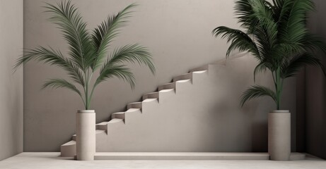 Fototapeta premium An empty room surrounded by a palm tree and white drywall, Illustration AI Generative.
