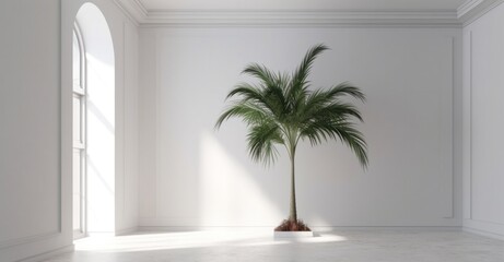 An empty room surrounded by a palm tree and white drywall, Illustration AI Generative.