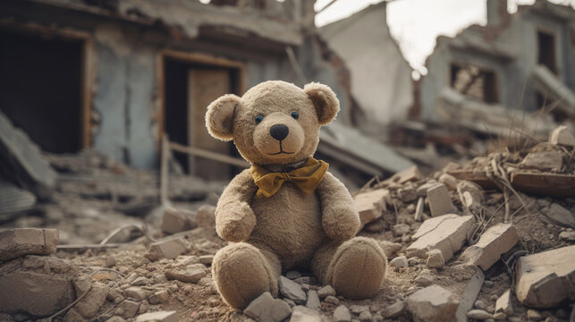 A children's toy teddy bear lies on the background of a destroyed house. AI generation