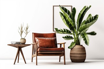 Horizontal 8x10 Frame mockup of a bohemian dwelling. a single horizontal wood frame, a plant in a vase, a bohemian chair, and a wall. Generative AI