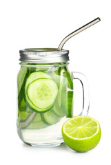 Mason jar of infused water with cucumber slices on white background