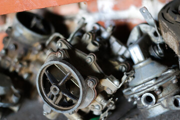 Capture the essence of automotive power with a blurred background featuring an old gasoline engine....