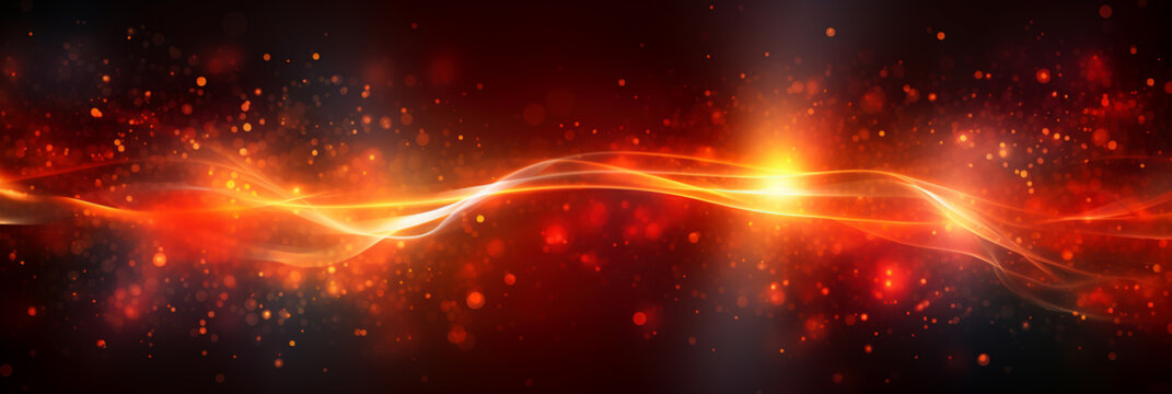 Abstract red banner. Red glowing background with defocused gold particles and wavy stripes. Generative Ai.