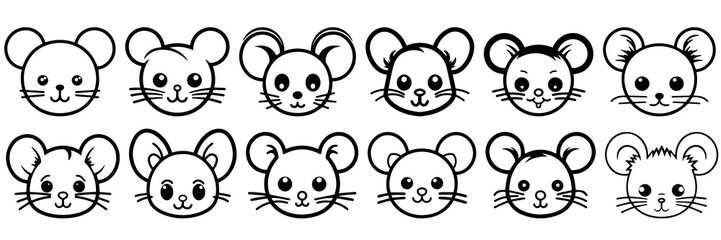 Fototapeta premium Kawaii mouse silhouettes set, large pack of vector silhouette design, isolated white background