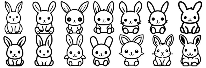 Kawaii rabbit silhouettes set, large pack of vector silhouette design, isolated white background