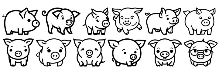 Kawaii pig silhouettes set, large pack of vector silhouette design, isolated white background