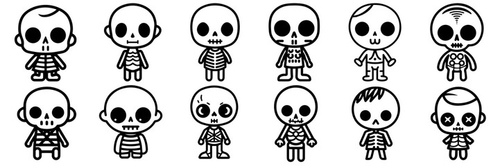 Kawaii skeleton silhouettes set, large pack of vector silhouette design, isolated white background