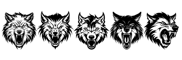 Wolf silhouettes set, large pack of vector silhouette design, isolated white background.