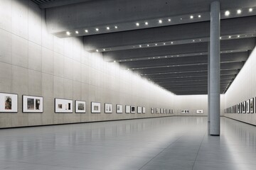 Interior of a tidy gallery with blank, white mock-up posters on a concrete wall. a museum idea. Generative AI