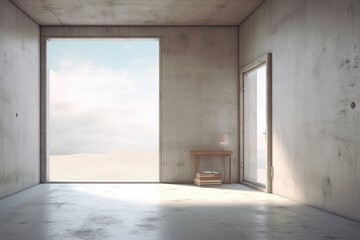 Conceptual illustration of a concrete room interior with an open door and copy space. Generative AI