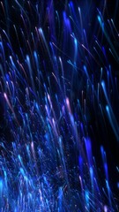 Blue purple swarm of rising glowing particle light streaks. Surreal cyberspace and energy concept of artificial intelligence and plasma science texture. Vertical 3D illustration wallpaper background.