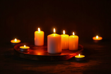 Beautiful burning candles on black background