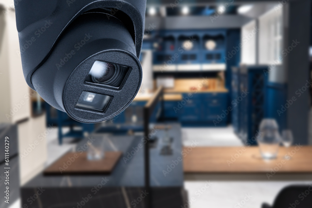 Poster security camera high tech smart home security technology. copy space.