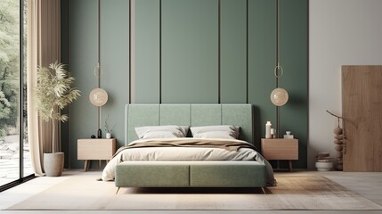 Decorate the headboard in this interior scene and mockup of a trendy bedroom. Generative AI