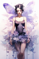 A beautiful young lady in violet tutu covered by water and butterfly. AI generative