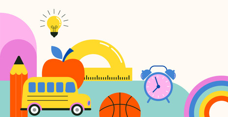Vibrant Color Back To School background concept design. Geometrical flat style illustration, banner and poster. School supplies and yellow bus illustration