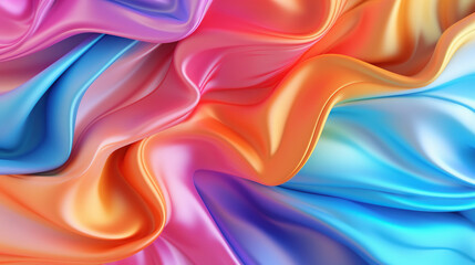 Fototapeta na wymiar Smooth glossy rainbow colored Satin Silk drapery. Abstract multicolored 3d background. Generative Ai.