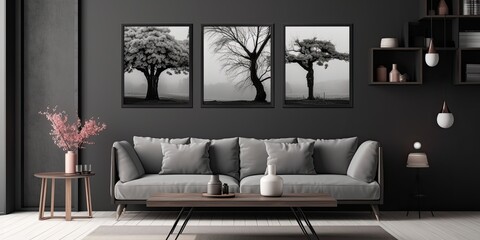 Mockup of a wall with six frames in solid flat pastel black and dark gray, with a monochromatic interior featuring an empty, modern living room. exhibit wall Generative AI