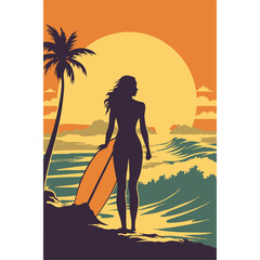 A female surfer glides on a wave, her hair flowing in the wind, as the sun sets over the beach