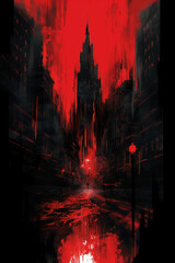 A city with a red tower against a black background. AI generative