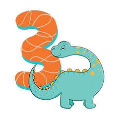 Cute Happy Baby Dinosaur with Number, Vector Illustration