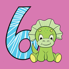 Cute Happy Baby Dinosaur with Number, Vector Illustration