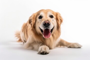 Medium shot portrait photography of a happy golden retriever rolling against a white background. With generative AI technology