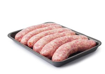 Packed raw sausages on white background