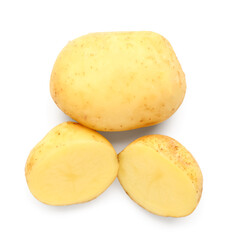 Slices of raw baby potatoes on white background