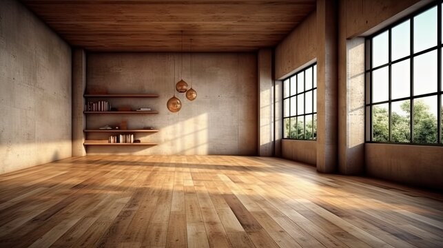 For a modern house, vintage, empty space, and natural daylight, indoor wooden floor and wall Generative AI
