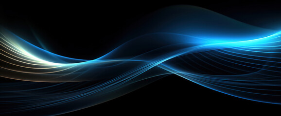 Blue shiny wavy lines on black background. Abstract 3D banner. Generative Ai.