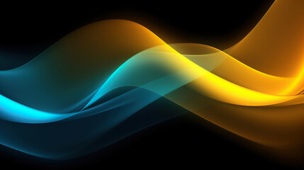 Blue and yellow smokey waves on a black. Abstract background. Generative Ai.