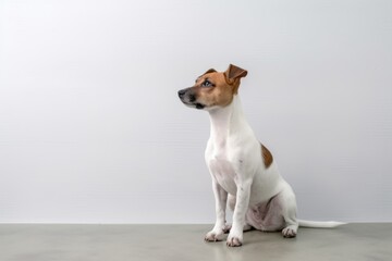 Medium shot portrait photography of a curious jack russell terrier scratching the body against a minimalist or empty room background. With generative AI technology