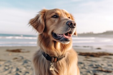 Environmental portrait photography of a cute golden retriever wearing a collar against a beach background. With generative AI technology