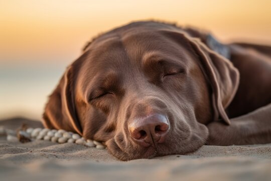 Headshot portrait photography of a curious labrador retriever sleeping against a beach background. With generative AI technology