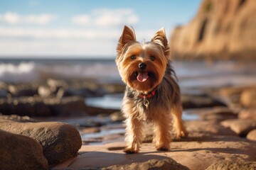 Environmental portrait photography of a cute yorkshire terrier biting his tail against a beach background. With generative AI technology