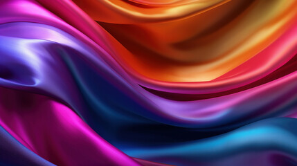 Abstract 3D background. Waves of multicolored satin fabric with gradient overflows in rainbow colors. Generative Ai.