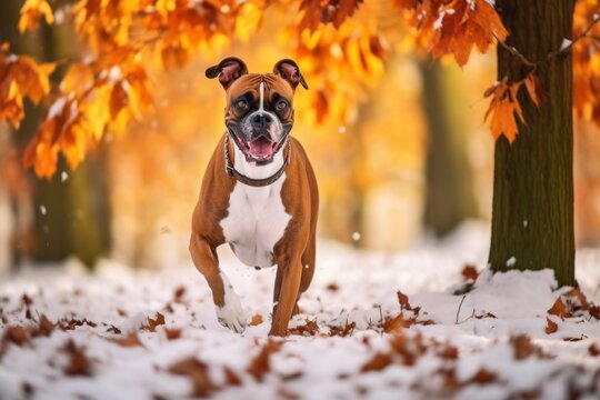 Environmental portrait photography of a funny boxer dog playing in the snow against an autumn foliage background. With generative AI technology