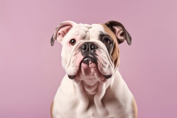 Fototapeta premium Medium shot portrait photography of a cute bulldog sitting against a pastel or soft colors background. With generative AI technology