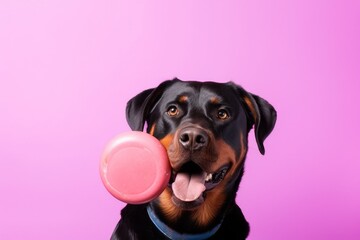 Studio portrait photography of a smiling rottweiler holding a frisbee in its mouth against a pastel or soft colors background. With generative AI technology