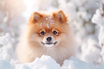 Obraz premium Lifestyle portrait photography of a curious pomeranian playing in the snow against a pastel or soft colors background. With generative AI technology