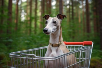 Lifestyle portrait photography of a happy greyhound sitting in a shopping cart against forests and woodlands background. With generative AI technology
