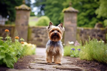 Lifestyle portrait photography of a curious yorkshire terrier standing on hind legs against botanical gardens background. With generative AI technology