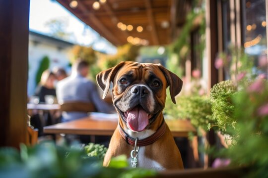 Environmental portrait photography of a happy boxer dog being at a dog-friendly restaurant against botanical gardens background. With generative AI technology