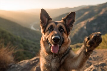 Lifestyle portrait photography of a happy german shepherd giving the paw against mountains and hills background. With generative AI technology
