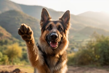 Lifestyle portrait photography of a happy german shepherd giving the paw against mountains and hills background. With generative AI technology